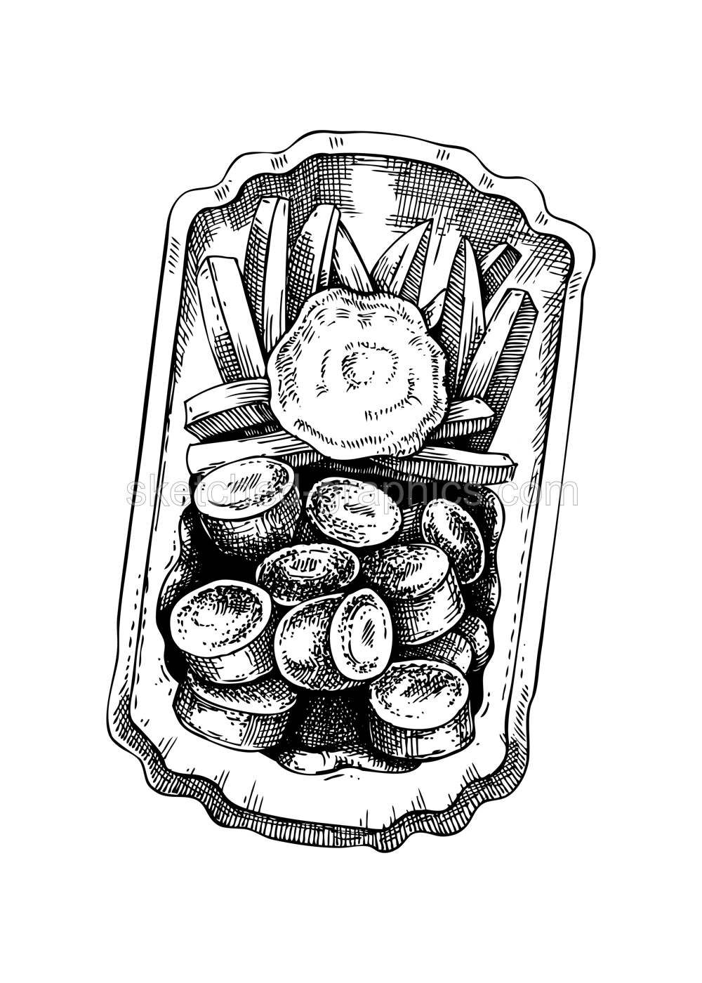Grilled sausage with French fries sketch. Hand-drawn vector illustration. Fast food drawing. Traditional European Christmas market food, Oktoberfest menu design element. German cuisine meal Illustration